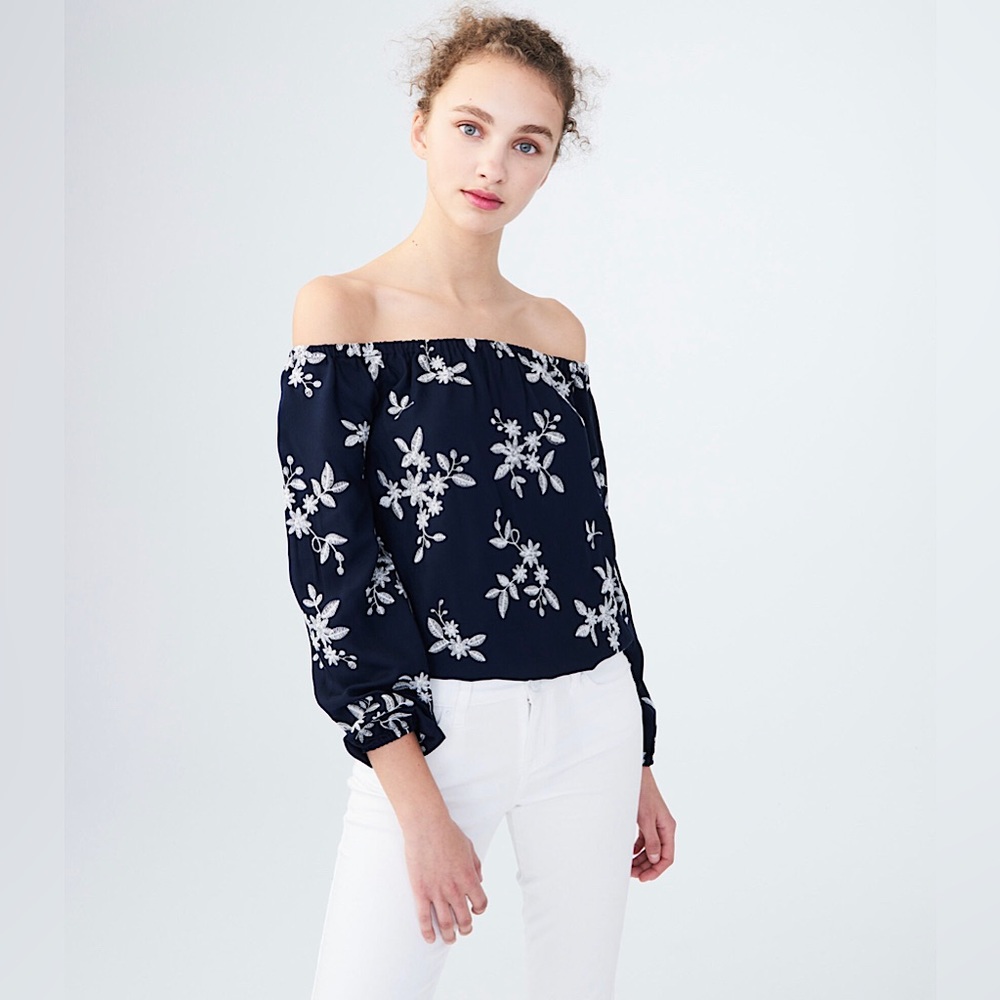 Navy Blue Embroidered Floral Off-The-Shoulder Top (Aeropostale, SIZE L)